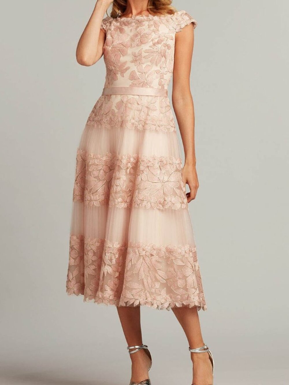 NWT Tadashi Shoji BLA19999MD Floral Cocktail Dress Antique Pink size 14